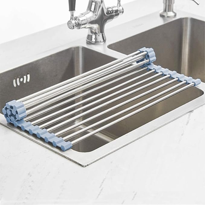 MECHEER Over The Sink Dish Drying Rack, Stainless Steel Roll Up Dish Drying Rack Kitchen Dish Rack Sink Drying Rack, Foldable Dish Drainer, 17.5''x13.7''