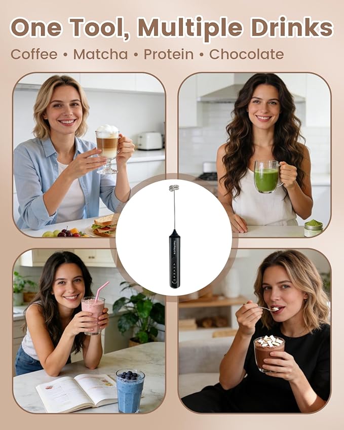 Rechargeable Handheld Milk Frother Wand, 3-Speed Preventing Splashing Electric Drink Mixer with Box, 10-Second Frothing for Coffee, Matcha, Latte, Cappuccino, and Protein Shakes, Black