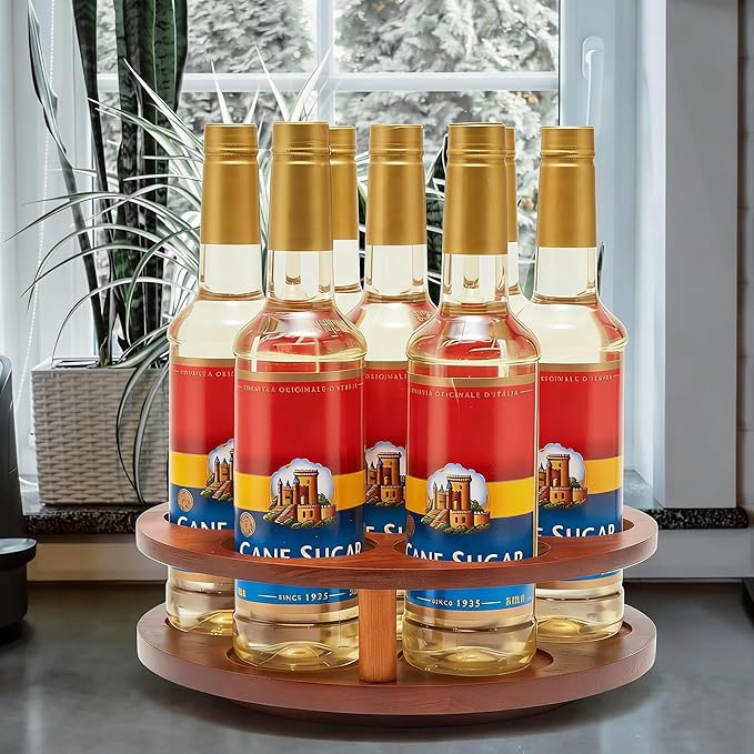 Wood Rotating Coffee Syrup Organizer, 7 Bottles Coffee Syrup Rack, Coffee Station Organizer with Large Base and Anti-Slip Pads