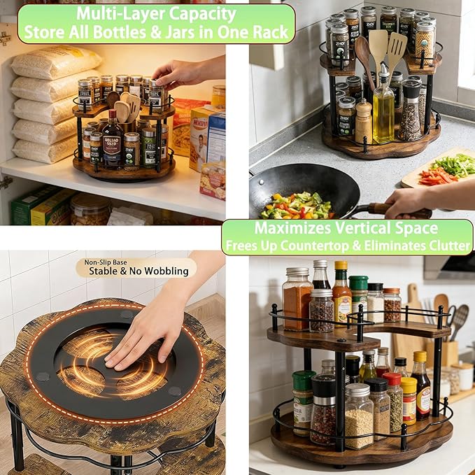 12 Inch Wood Lazy Susan Organizer Spice Rack, Lazy Susan Organizer, Height Adjustable Spice Rack, Kitchen Cabinet Storage and Pantry Turntable for Seasonings, Cans, Jars