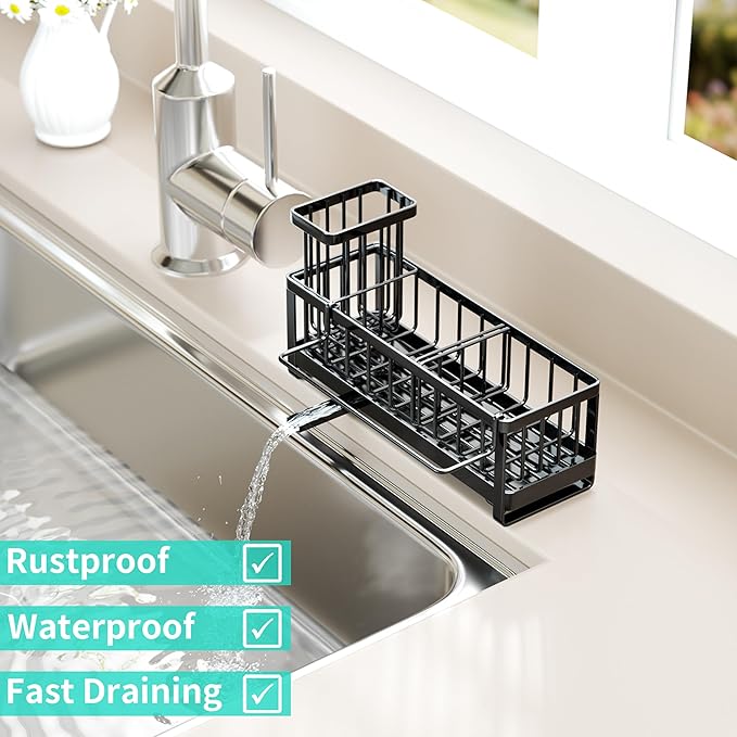 HapiRm Sponge Holder for Kitchen Sink - Self-draining Sink Caddy with Brush and Dishcloth Holders, Stainless Steel Kitchen Countertop Organizers and Storage Essentials - Black