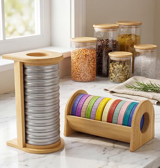 KOCWELL Mason Jar Lid Organizer, 2 Pack Bamboo Storage Holder for Wide & Regular Mouth Lids, Kitchen Countertop Canning Lid Storage