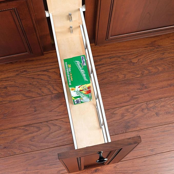 Rev-A-Shelf 8" Pullout Wooden Bakeware Organizer w/ Ball Bearing Soft-Close for Full Height Base Kitchen Cabinets, Foil Wrap/Tray Divider, Min Opening Width of 8.5", 447-BCBBSC-8C