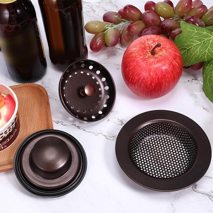 Mudder 3 Pcs Kitchen Sink Drain Strainer and Stopper Stainless Steel Garbage Disposal Plug with Handle Universal Anti-Clogging Kitchen Sink Filter Sieve Basket Strainer(Oil Rubbed Bronze)
