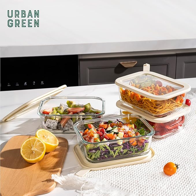 Urban Green Glass Food Storage Containers with Glass Lids, Microwave Safe Food Container Set, Airtight Meal Prep Containers, LeakProof, 100% Plastic Free, 6 Pack