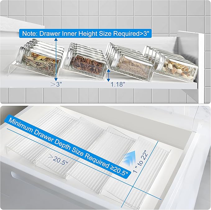 Spice Organizer for Drawer, 4 Pcs Clear Acrylic Drawer Seasoning Organizer, Expandable From 11'' to 22'' Spice Drawer Organizer, Ideal for Kitchen Spice Organization (Jars not included)