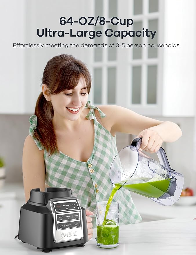 Ganiza Smoothie Blender, 1800W Peak Power Professional Countertop Blenders for Kitchen, 64oz Large Capacity Juice Pitcher with CentriFlow Ribs Patent, High-Speed Smoothie Maker for Ice/Frozen Fruit