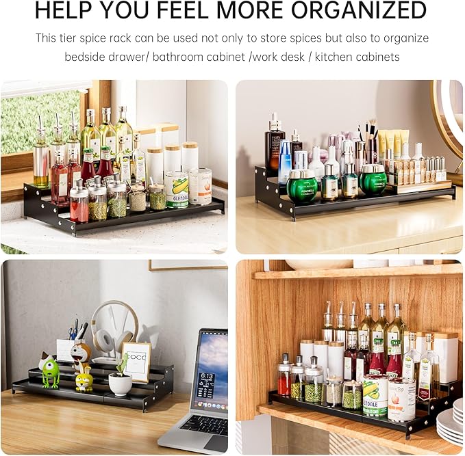 Expandable Carbon Steel Spice Rack Organizer for Pantry, Adjustable 3-Tier Ladder Shelf,Holds Up to 24 Cans,Kitchen Countertop Organizer