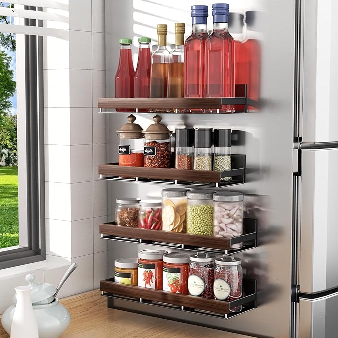 Walnut Magnetic Spice organizer for Refrigerator Wall Mount Spice Rack Magnetic Fridge Shelf Spice Jar Seasoning Organizer (Walnut 2 Pack)
