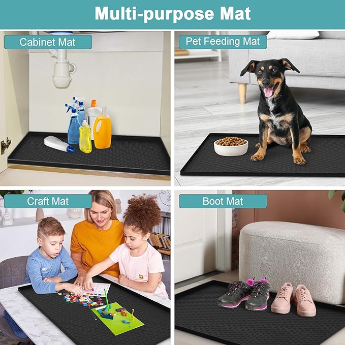 Under Sink Mat 28" x 22", Silicone Under Kitchen Sink Mat, Waterproof Under Sink Protector Mat, Shelf Liners Cabinet Liner for Kitchen and Bathroom, Black
