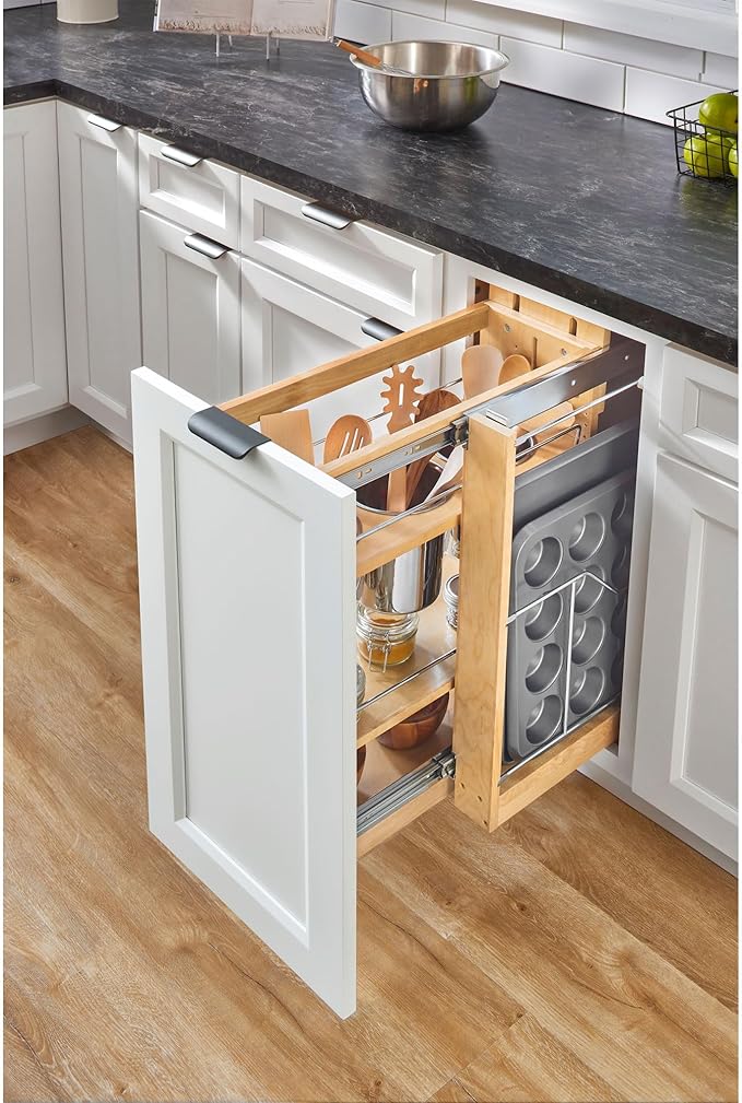 Rev-A-Shelf Maple Pullout Utensil Organizer with 3 Bins & BLUM Soft-Close for Full-Height Base Cabinets, Full Extension Slides, Adjustable Shelves, Min Opening Width of 8.5", 448UT-BCSC-8C