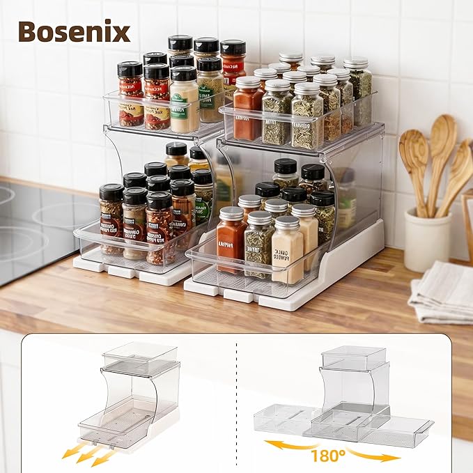 Spice Rack Organizer for Cabinet 2pcs, 2 Tier Countertop Shelf Organizer with Pull Out Rotating Bottom Shelf, Acrylic Kitchen Spice Organizer for Pantry, Counter and Cabinet Storage