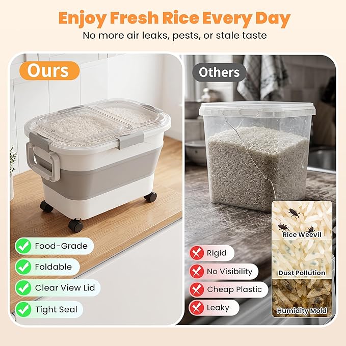30 Lbs Rice Storage Container with Wheels, Collapsible Airtight Food Storage Container with Transparent Lid, Measuring Cup, Scoop, Handle, BPA Free Rice Holder for Pet Food, Grain, and Bird Seed