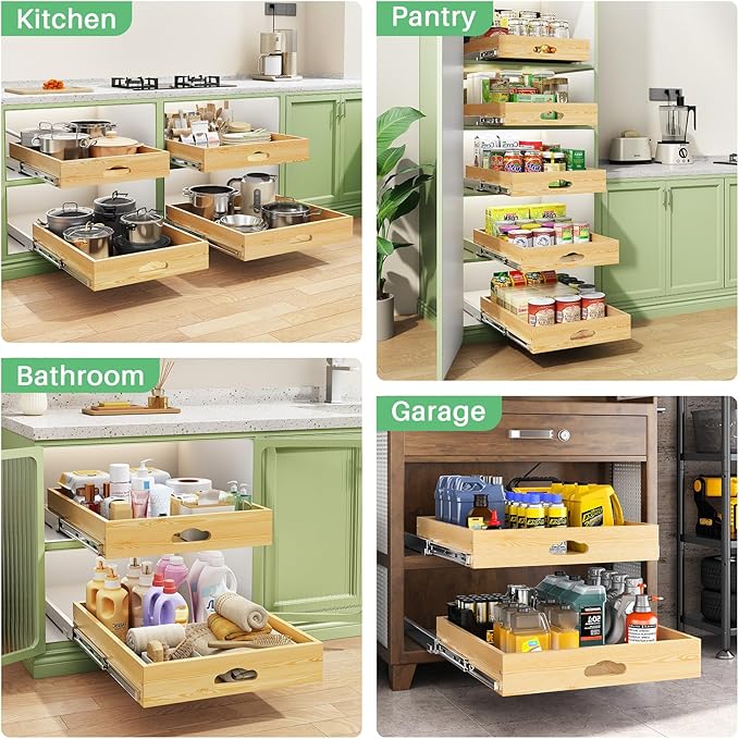 2Pack Pull Out Cabinet Organizer, Soft Close Wooden Slide Out Drawers for Pots, Full-extension Roll Out Shelves for Kitchen Cabinets, Pantry Organization, Bottom and Side Mount( 15"W X 21"D x 3.4''H)