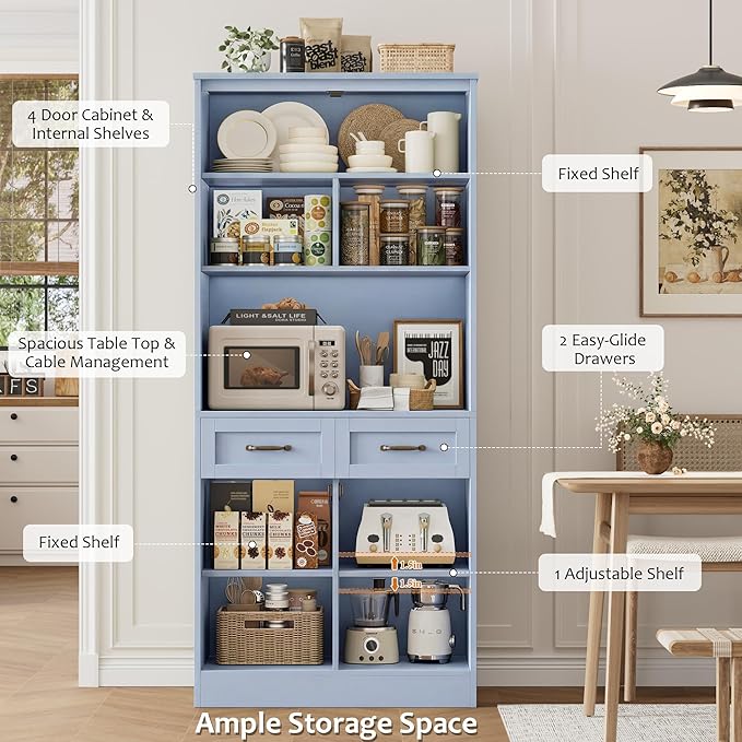HOSTACK 71" Tall Kitchen Pantry Storage Cabinet, Modern Kitchen Hutch Bar Cabinet with Microwave Stand, Wood Buffet Sideboard with Hutch, Cupboard with Drawers, Shelves for Dining Room, Light Blue