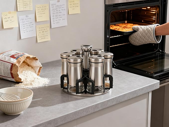 360° Rotating Spice Rack,Spice Rack Organizer for Cabinet - Includes 6pcs Glass Spice Jars and Labels,Spice Storage, Cooking, Outdoor BBQ,(Spices Not Included) (Modern)