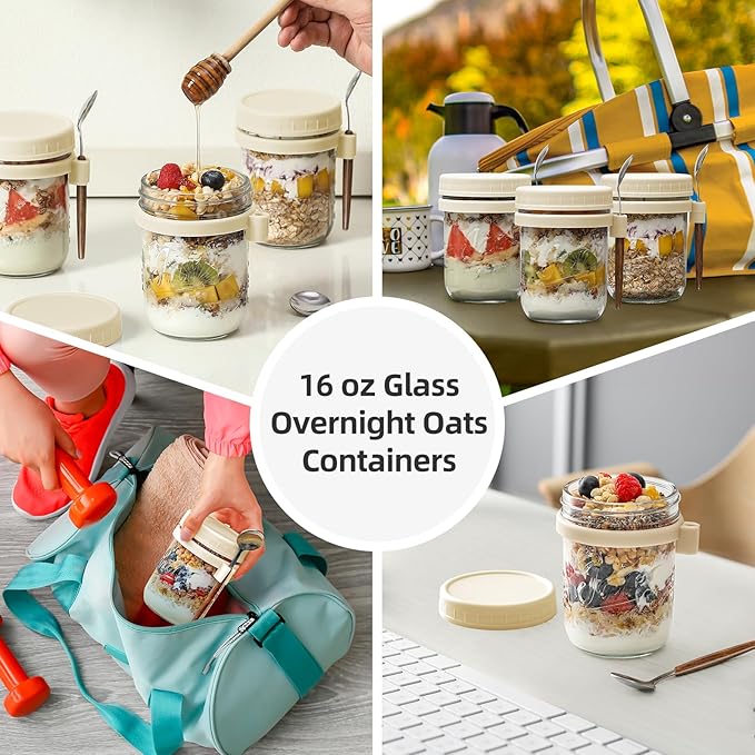 6 Pack Overnight Oats Containers with Lids and Spoons, 16 oz Glass Mason Overnight Oats Jars, Large Capacity Airtight Jars for Milk, Cereal, Fruit(Beige)