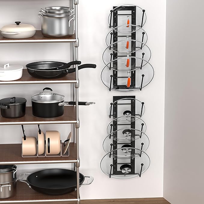 Cisily 8 Layers of Adjustable Pot Lid Organizer Rack for Cabinet Door/Wall,2Pack Lid Organizer Pots and Pans Holder for Kitchen Storage with No Drilling Adhesive 5.7 W“(Black)
