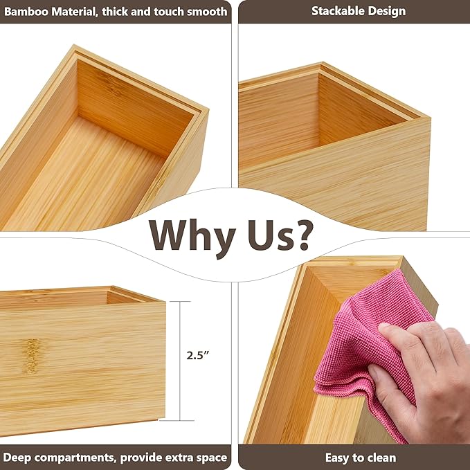 Kitchen Drawer Organizer Bins, Stackable Bamboo Deep Drawer Organizer for Silverware, Utensils, Cutlery, Flatware, Junk Drawer, Dresser, Bathroom