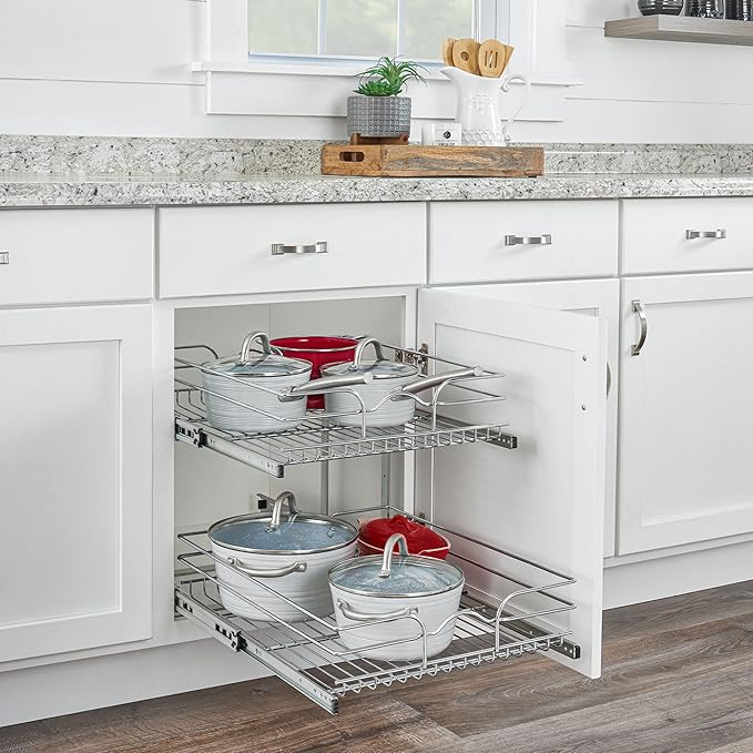Rev-A-Shelf 2-Tier Pullout Shelf and Drawer Organizer for Kitchen Cabinets, Slide Out Storage Basket, Min Opening Width of 17.5", 18" x 22", 5WB2-1822CR-1