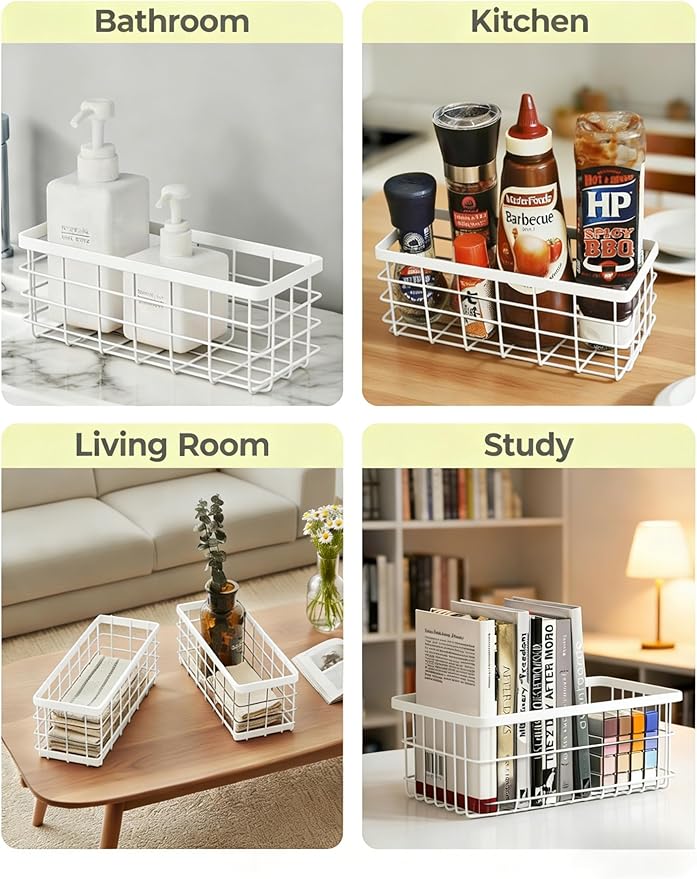 2 Pack Hanging Wire Storage Baskets, Metal Wall Organizer, Adhesive Wall Storage Shelves for Kitchen, Bathroom Pantry (Spice Rack, Cabinet Organizer, Shower Caddy) White