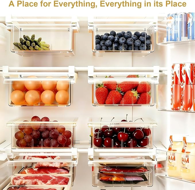 Refrigerator Organizers Storage Fridge Drawer - Pull Out Clear Storage Containers with Handle for Fruit,Deli,Cheese,Seafood,Plastic Organizer Bins Fit for Medium Refrigerator Shelf,Simple Use(2 Pack)