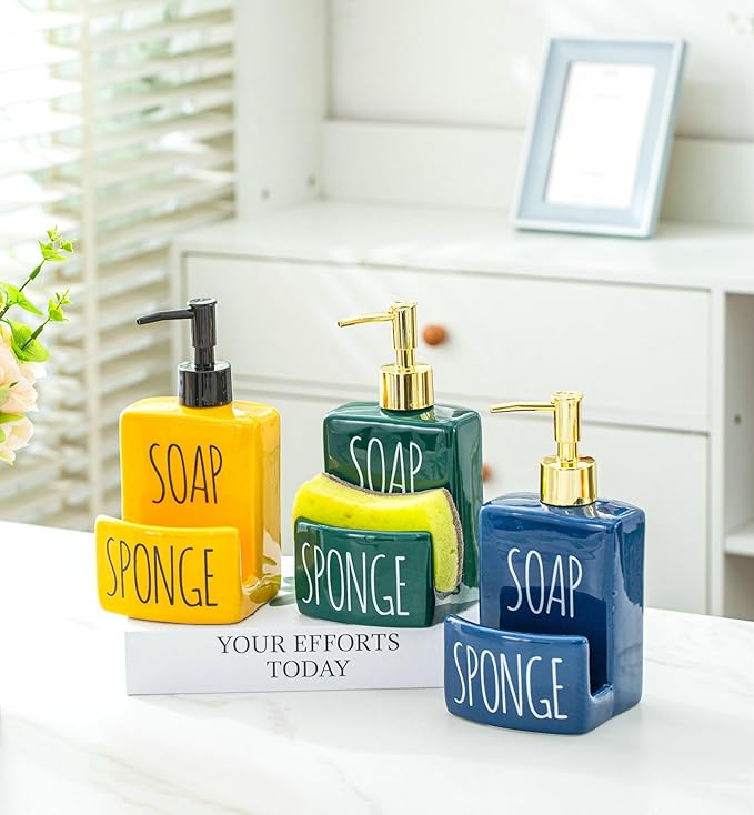 Ceramic soap Dispenser with Sponge Holder for Kitchen Sink Bathroom Counter top Storage and Organization (Yellow)