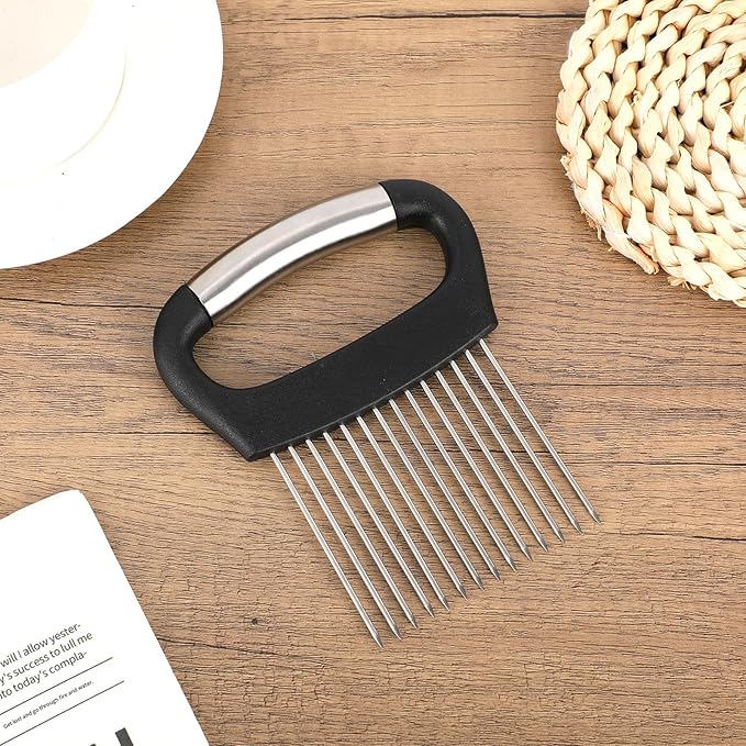 Extra-Large Onion Holder for Slicing, Stainless Steel Food Slicer Guide with 14 Long Needles Multi-Functional Home Kitchen Tool for Potato Tomato Onion Meat