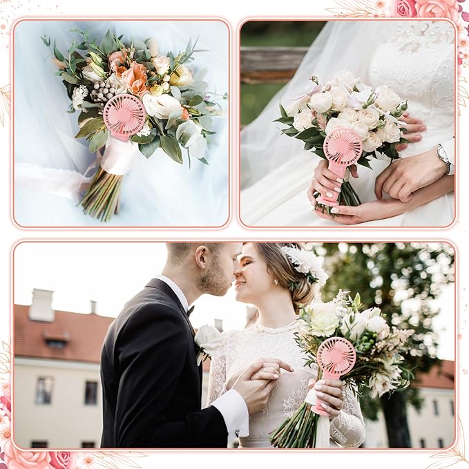 4 Pcs Bridal Hand Bouquet Fans Wedding Mini Portable Fans for Bouquet Ideas Decor 6.6 Inch Cooling Flower Accessory with Battery for Bride Bridesmaid Engagement Summer Outdoor Weddings