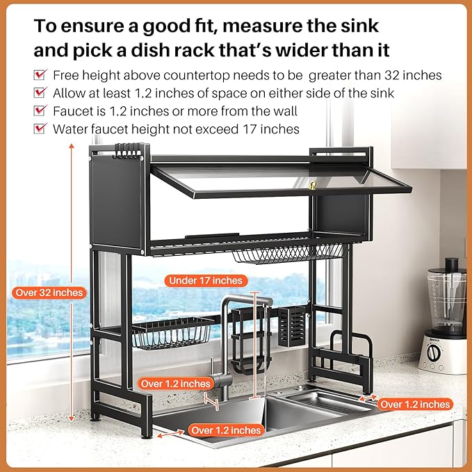 Over The Sink Dish Drainer Drying Rack 3 Tiers with Cover, Keep Kitchen Sink Shlef Organized Space-Saving Dish Drying Rack, Large Stainless Steel Sink Dish Rack for Dishes, Bowls, Cutlery (37.4"w)