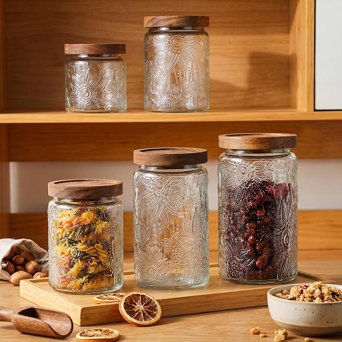Suclain 5 Pcs Sunflower Vintage Glass Jars with Bamboo Airtight Lid 17/24/34 oz Glass Food Containers Storage for Kitchen Counter Pantry Sugar Flour Coffee Tea Candy Oats Cereal(Round)