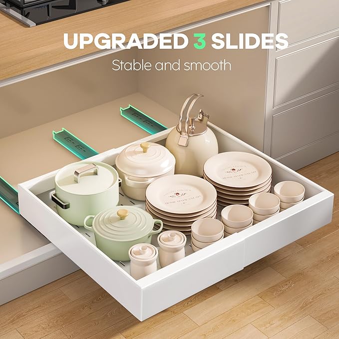Seinloes 2Pack Pull out Cabinet Organizer 21"Deep with 4 Adjustable Dividers,Expandable(12.1"-20.4"W) Pots and Pans Organizer Under Cabinet with Raising Pad for Framed Cabinets,Slide out Drawers,White