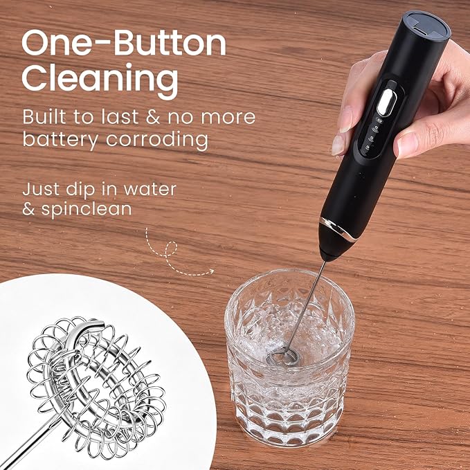 Handheld Milk Frother with Travel Case - Portable USB Rechargeable Mini Whisk for Coffee, Latte. Includes 3 whisks, storage, perfect for frothing milk, beating eggs, and blending drinks.