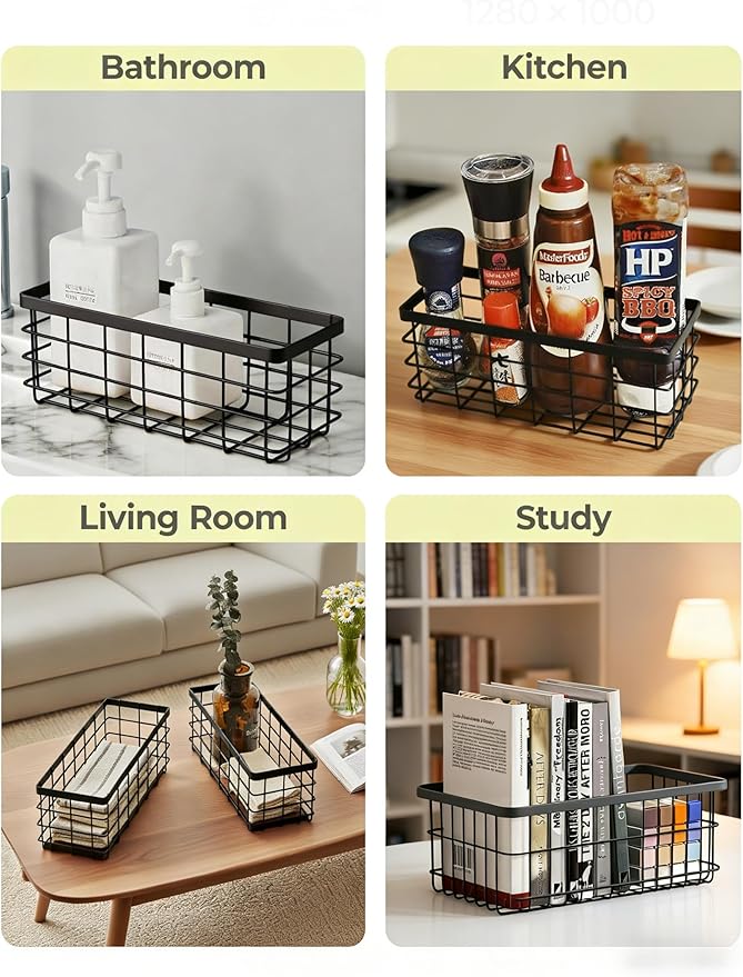 Hanging Wire Storage Baskets, Metal Small Wire Wall Organizer, Adhesive Wall Storage Shelves for Kitchen, Bathroom Pantry (Spice Rack, Cabinet Organizer, Shower Caddy) Black-2 Packs