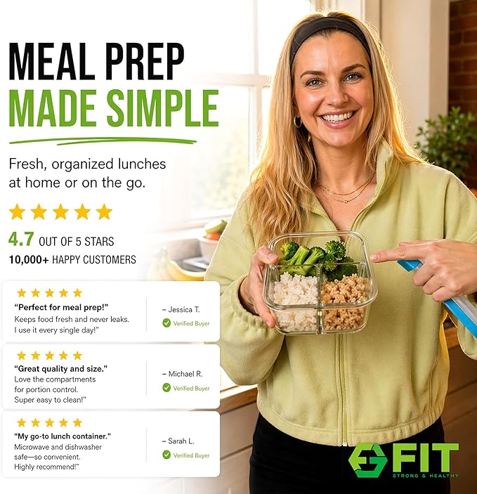 FIT Strong & Healthy Glass Meal Prep Containers, 2 & 3 Compartments - Portion Control, Lunch Container Set, Food Storage, Airtight Lids, Oven & Freezer Safe, Leak-Proof Bento Box, 32 oz, Blue, 4 Pack