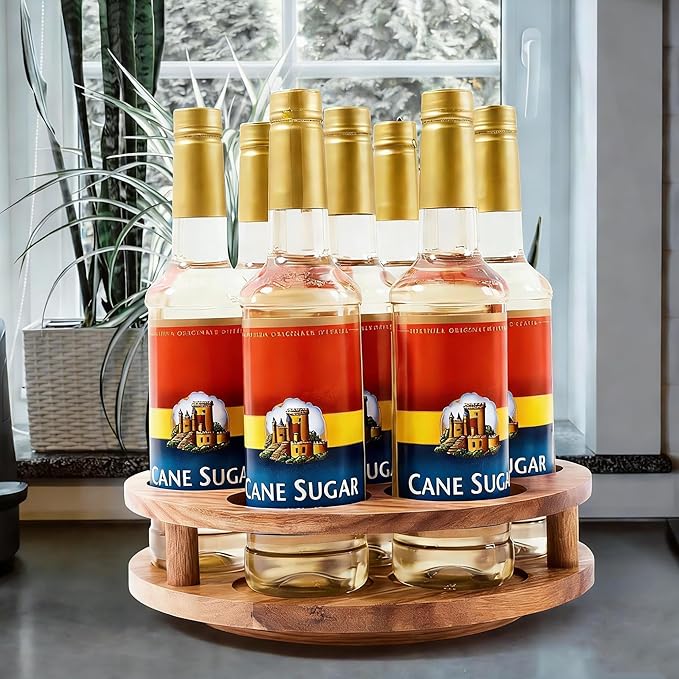 Acacia Wood Rotating Coffee Syrup Organizer, 7 Bottle Coffee Syrup Rack Organizer for Countertop, Turntable Bottle Holder for Coffee Bar Station