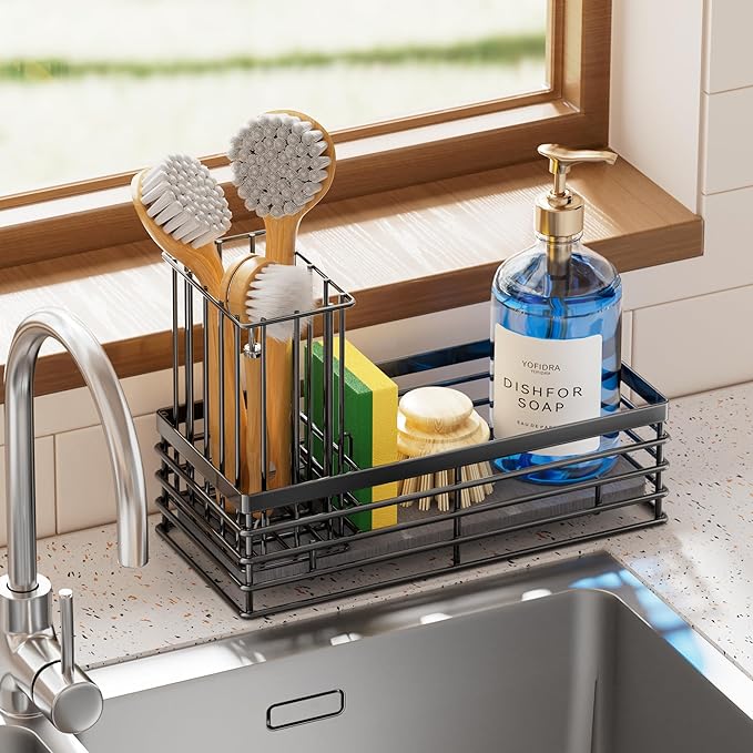 Yofidra Sponge Holder for Kitchen Sink, Sink Caddy Organizer with Stone Drying Mat, Kitchen Countertop Organizers and Storage Essentials, 304 Stainless Steel (Black, 9.3″)