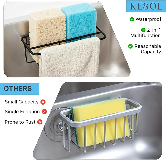 KESOL Adhesive Kitchen Sink Sponge Holder + Dish Cloth Hanger + Soap Holder, 2-in-1 Kitchen Sink Caddy, 304 Stainless Steel Rust Proof, Water Proof, No Drilling (Black)