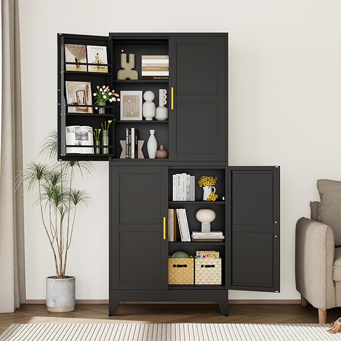 GAIOUS 74.8" Tall Metal Food Cabinet, Black Kitchen Pantry Cabinet, Storage Cabinets with 4 Door and 4 Adjustable Shelves, Steel Freestanding Cupboard for Kitchen Dining Room Living Room Bathroom