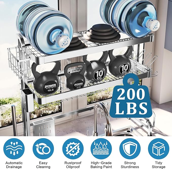 LIVOD Over The Sink Dish Drying Rack,3 Tier Adjustable Length Full Stainless Steel Large Storage Kitchen Dish Rack,for Kitchen Counter Expandable Multifunctional Organizers,Silver (25.98-37.6")