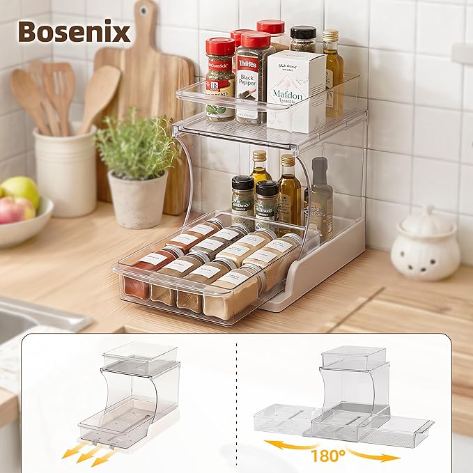 Spice Rack Organizer for Cabinet, 2 Tier Countertop Shelf Organizer with Pull Out Rotating Bottom Shelf, Acrylic Kitchen Spice Organizer for Pantry, Counter and Cabinet Storage