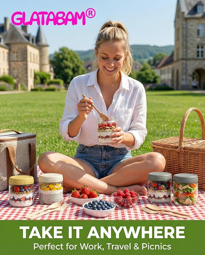 10 OZ 4Pack, Overnight Oats Jars with Lids, Glass Meal Prep Containers, Airtight Mason Jars for Breakfast, Yogurt Parfait, Salad & Smoothies, Leakproof and Reusable Food Storage Jars(4-2)