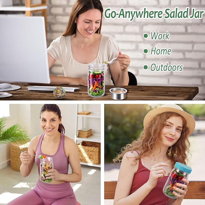 KTKUDY 2 Pack 32 oz Glass Salad Jars with Dressing Cups (Pod) - Meal Prep Salad Container for Lunch - Leakproof Mason Jars with Lids