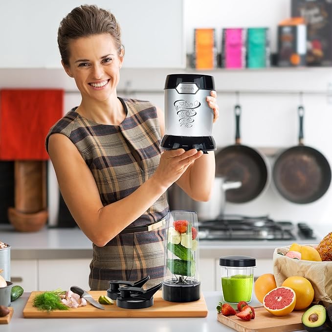 REVOTRA Blender for Smoothies, Personal Blender for Shake and Smoothies for Kitchen with 3 Portable Cups (2x24oz & 1X10oz), 4-Leaf Stainless Steel Blades, Perfect for Frozen Drinks, Ice Crushing