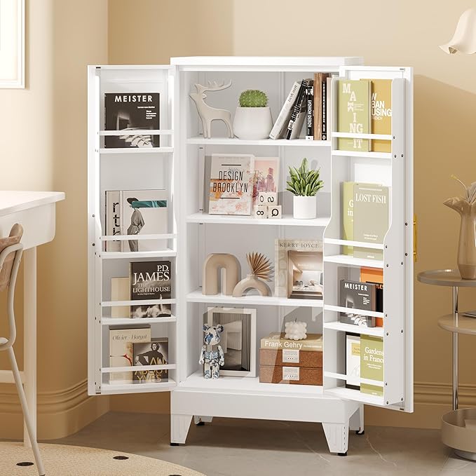 GAIOUS Metal Kitchen Pantry Cabinet, Storage Cabinets with 2 Door and 3 Adjustable Shelves, White Freestanding Food Storage Cabinet, Steel Cupboard for Kitchen Dinning Room