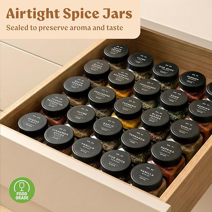 EDELHAUS Glass Spice Jars with Labels (24 x 4oz) Spice Containers with 240 Labels, Shaker Inserts, Funnel, Empty Square Empty Square Seasoning Organizer (Black Lids)