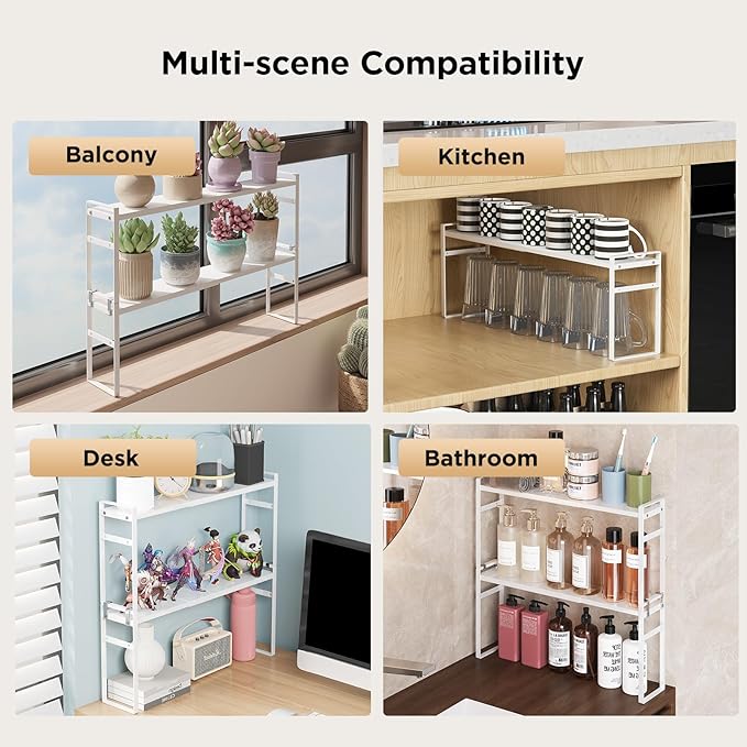 2 Tier Expandable Stackable Narrow Shelf Organizer, Tall Countertop Organizer for Tight Spaces, Windowsill Plant Stand, Over-Sink/Faucet Shelf, Kitchen Storage, Bathroom Vanity, Laundry Room (White)