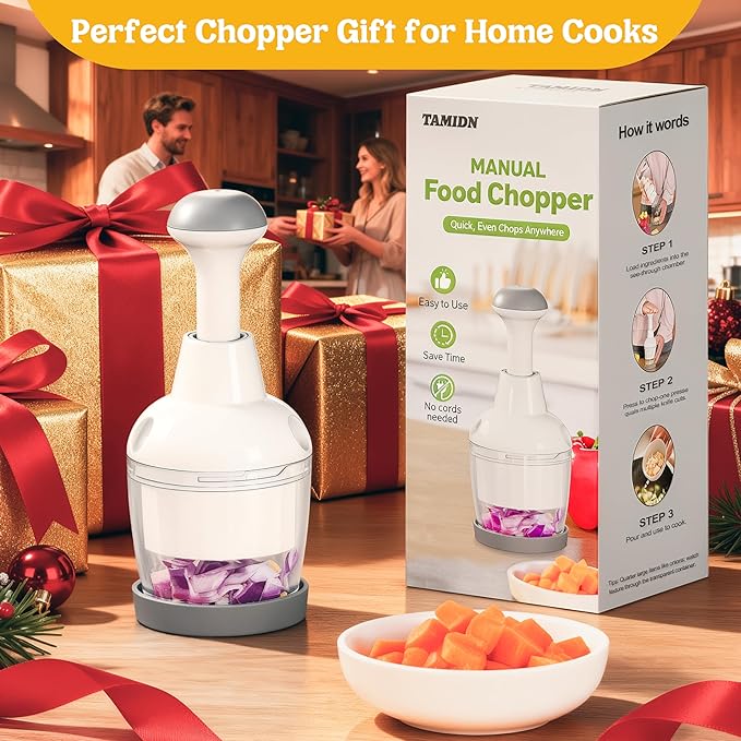 Food Chopper with Container – Manual Onion & Vegetable Chopper, 360° Stainless Steel Blades, Handheld Garlic Nut Veggie Cutter, Dishwasher Safe, Easy to Clean, White
