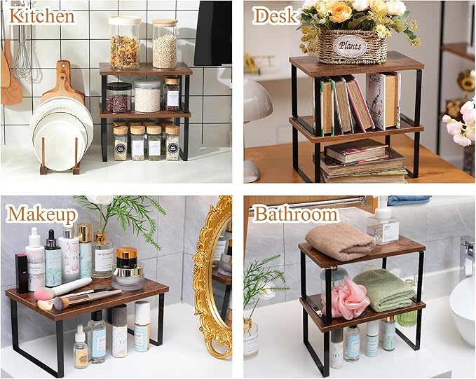 Marsui 4 Pcs Kitchen Organizer Accessories Set Cabinet Organizer Shelf and Bamboo Dish Drying Plate Rack Counter Shelves Storage Holder for Spice Rack, Dish, Pot Lid, Bowl, Cup(Deep Color)