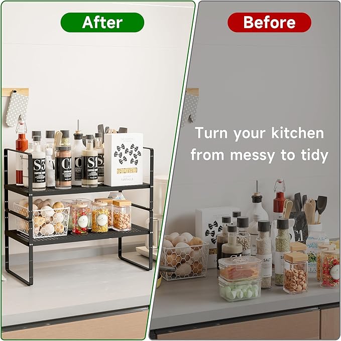 Expandable Kitchen Cabinet Shelf Organizer Rack Heavy Duty Metal Spice Rack Stackable Kitchen Counter Storage Shelf for Kitchen Cabinet Pantry Bathroom (Black - 16.5"-27" L x 8" W x 9.6" H - 1Pack)